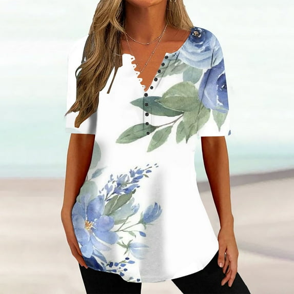 Aloohaidyvio Tops for Women,Womens Summer Tops V Neck T Shirts Printed Tops Button Loose Casual Tshirts