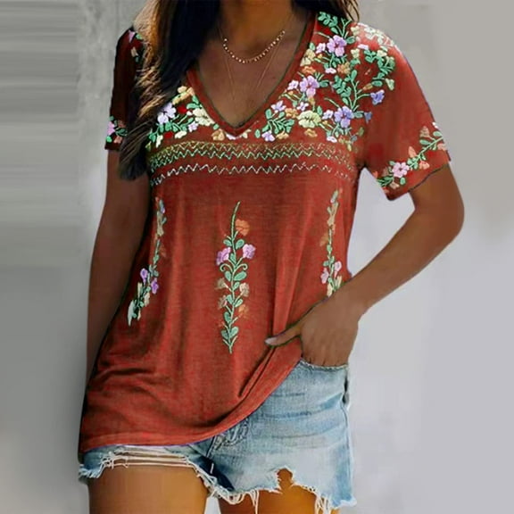 Aloohaidyvio Tops,Fashion Woman Causal V-Neck Printing Blouse Short Sleeve T-Shirt Summer Tops