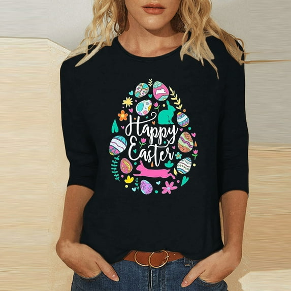 Aloohaidyvio Tops Long Sleeve,Womans Easter Christmas Round Neck Printing Blouse 3/4 Sleeve T-Shirt Blouses,Easter Ladies Clothing