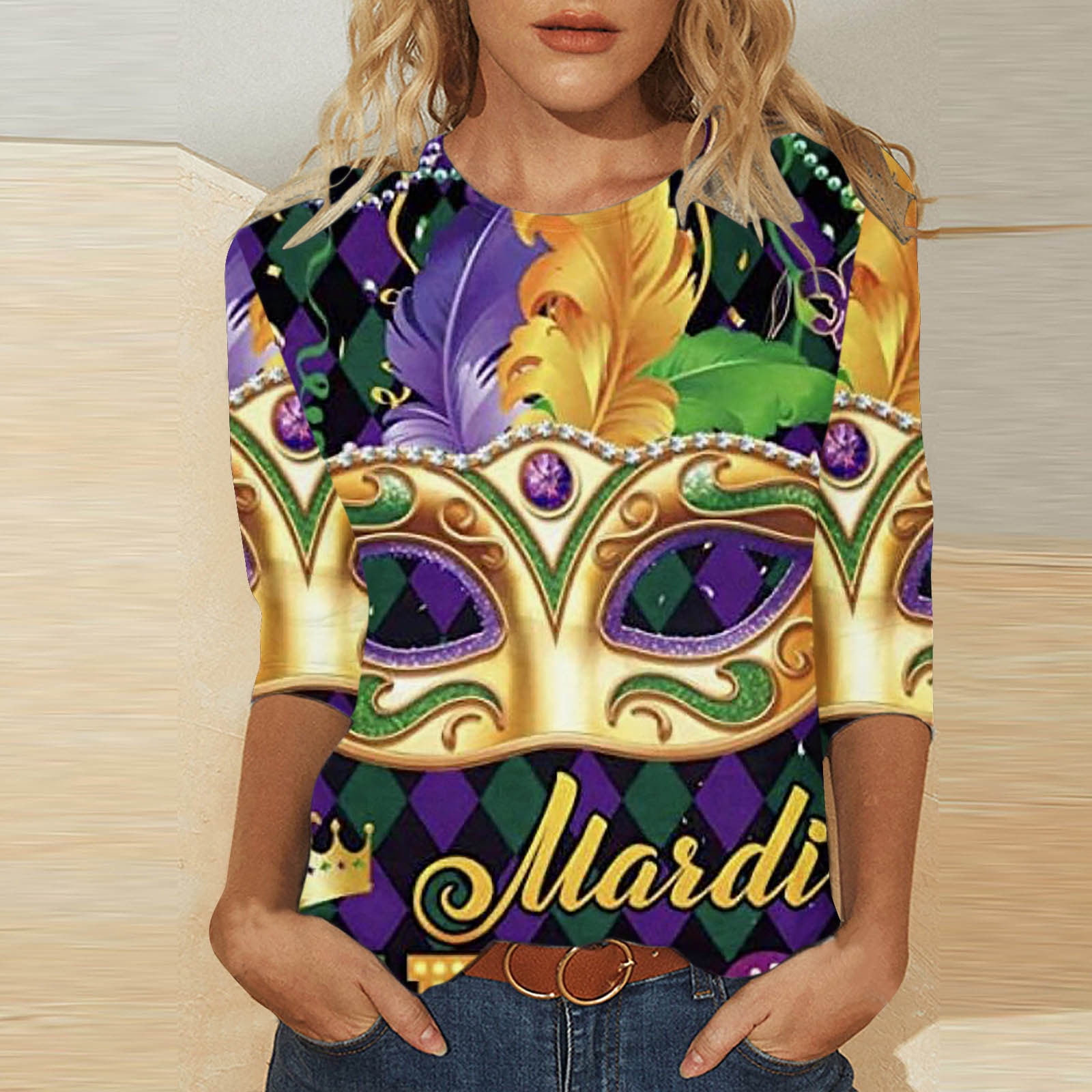 Aloohaidyvio Tops Long Sleeves,Mardi Gras Masks Womens Round Neck ...