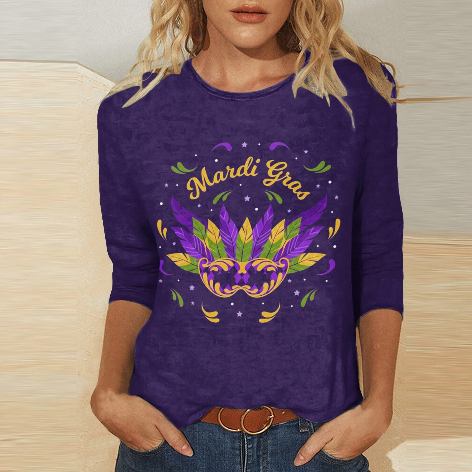 Aloohaidyvio Tops Long Sleeves,Womens Mardi Gras Mask Glitter Printed T