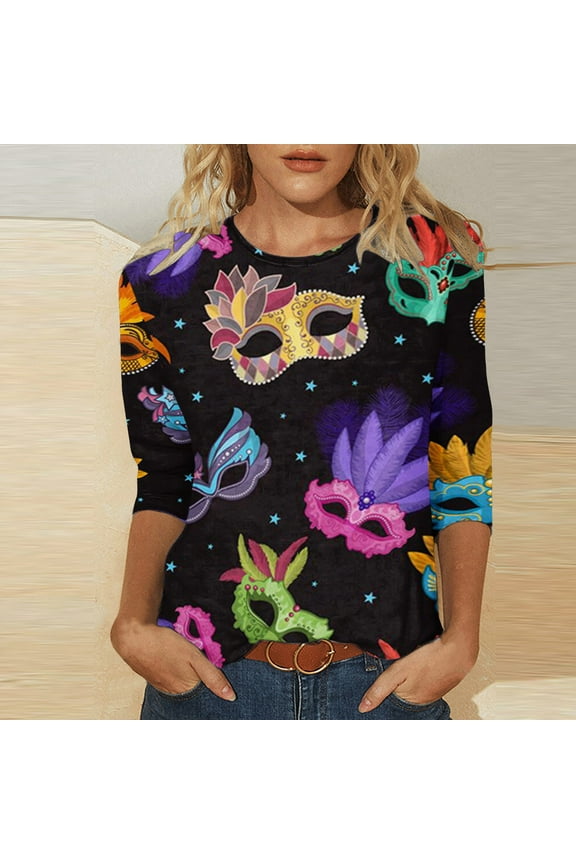 Tops Long Sleeves,Womens Mardi Gras Mask Glitter Printed T-Shirt Round Neck Seven Sleeve Top Sweatshirt,Mardi Gras Clothing Women