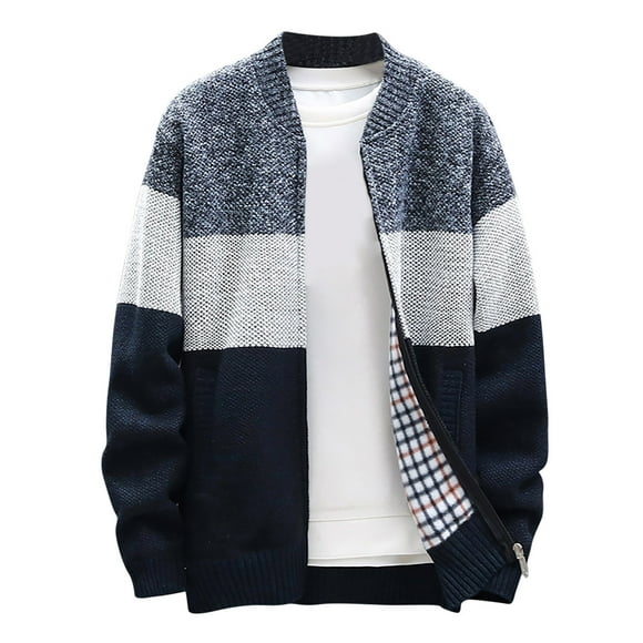 No Boundaries Mens Zip Up Knitted Cardigan Thick Sweater Stand Collar Fleece Lined Warm