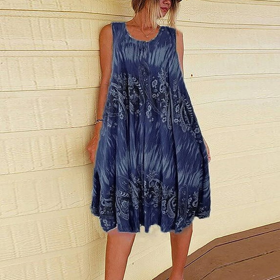 Aloohaidyvio Tops,Womens Fashion Summer Round Neck Casual Sleeveless Ladies Printed Dress