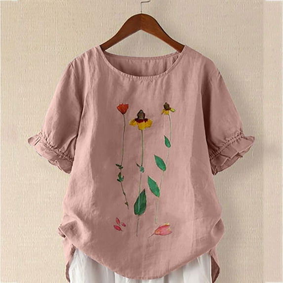 Aloohaidyvio Tops,Womens Plus Size Round-Neck Short Sleeve Print Buttons Cotton Linen Vintage Tops