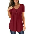 thumbnail image 1 of Aloohaidyvio Tops,Womens Summer Solid Color Round Neck Button Pleated Short Sleeve Tops, 1 of 5