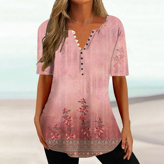 Aloohaidyvio Tops,Womens Summer Tops V Neck T Shirts Printed Tops Button Loose Casual Tshirts