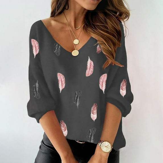 Aloohaidyvio Tops and Blouses ,Women Print Long Sleeve V-Neck Blouse Pullover Tunic Tops Shirt