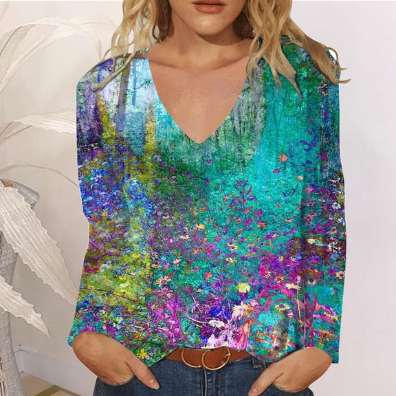 Aloohaidyvio Tops and Blouses ,Womens Casual Tops Loose V-Neck Tie-Dye Printing Long Sleeve T-Shirt