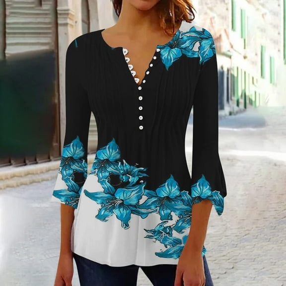 Aloohaidyvio Tops and Blouses ,Womens Casual Trumpet 3/4 Sleeve Ruched Tunic Tops Pleated T-Shirts Blouses