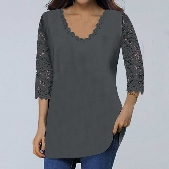Aloohaidyvio Tops and Blouses ,Womens Casual V-Neck Lace T-Shirt Flower Print 3/4 Sleeve