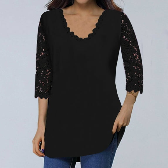Aloohaidyvio Tops and Blouses ,Womens Casual V-Neck Lace T-Shirt Flower Print 3/4 Sleeve
