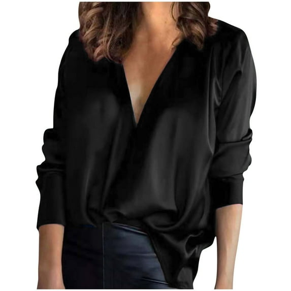 Aloohaidyvio Tops and Blouses ,Womens Satin Socket V-Neck Solid-Color Commute Long Sleeve Blouses Shirt Tops