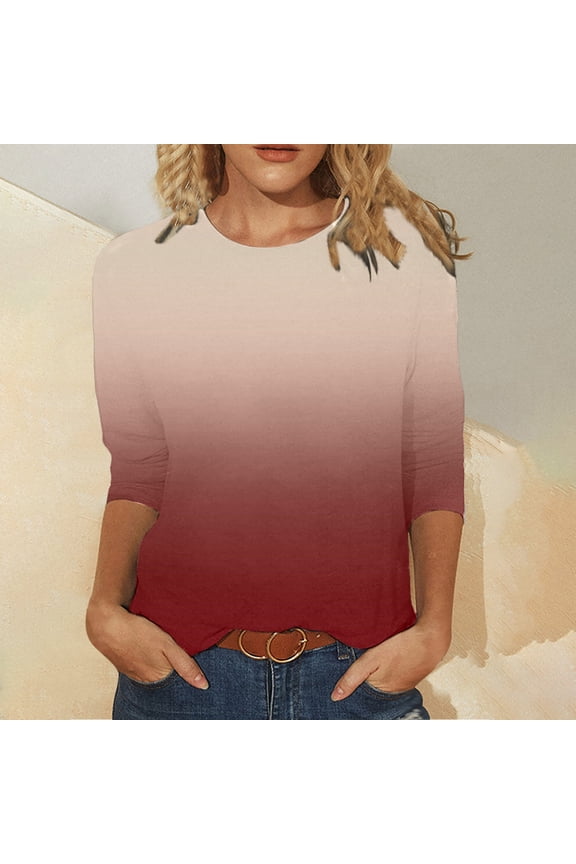 Tops and Blouses ,Womens T-Shirt Printed Mid-Length 3/4 Sleeves Round Neck Casual Tops