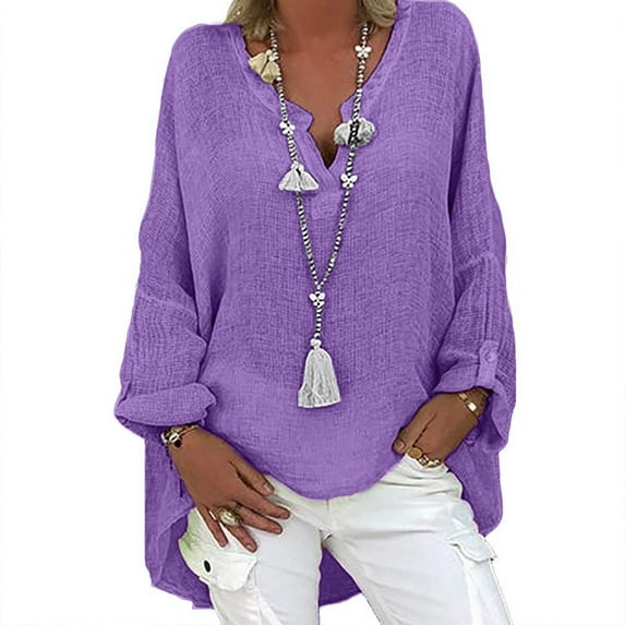 Aloohaidyvio Tops for Women Plus,Woman Tops Long Sleeve Solid Color Comfortable Leisure Loose V-Neck Blouse
