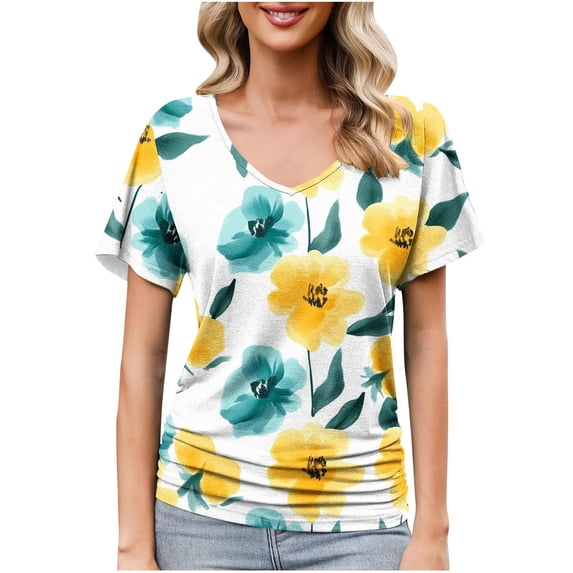 Aloohaidyvio Tops for Women Womens V Neck Tops Summer Short Sleeve Fashion Trendy Dressy Casual Blouse