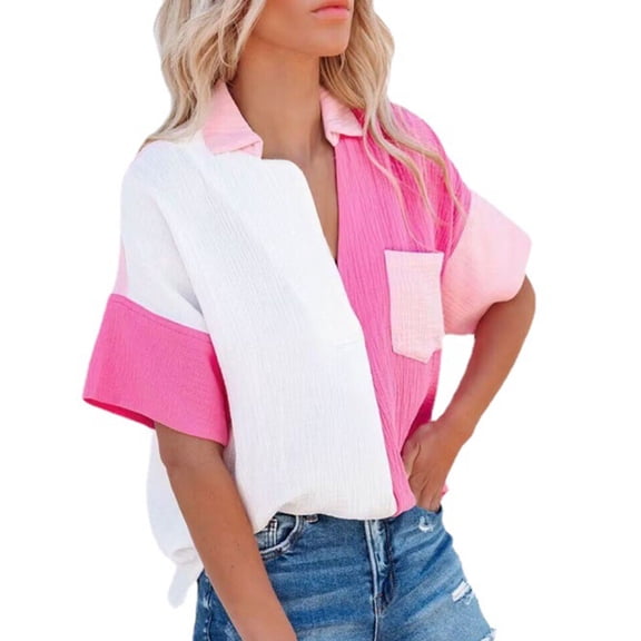 Aloohaidyvio hanes tops for womens ,Fashion Women Causal Button Patchwork Blouse Short Sleeve T-Shirt Summer Tops