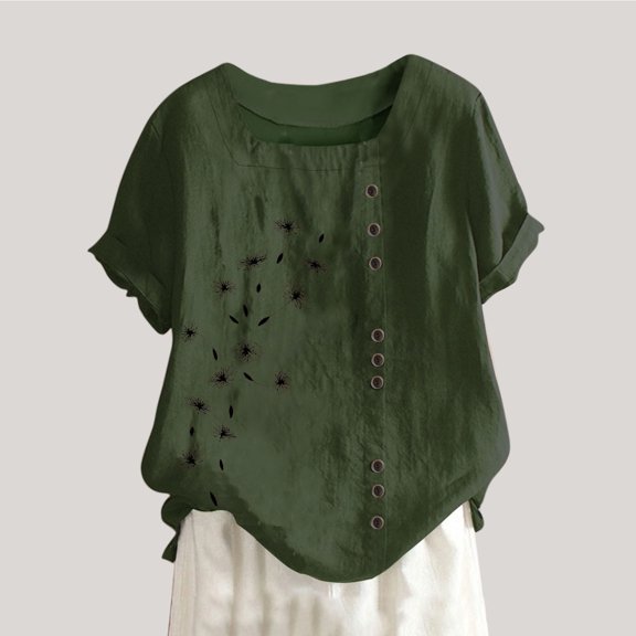 Aloohaidyvio Tunic Tops for Women Plus Size,Women Vintage Flower Cotton Blend Crew Neck Short Sleeve Plus Size Basic Tunic Tee Shirts Tops Blouse XL