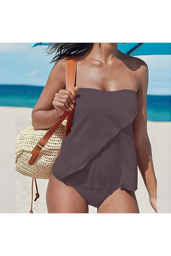 Two Piece Tankini Bathing Suits for Women Halter Bandeau Swim Top with Bottom Flyaway Tummy Control Swimsuit,High Waisted Bikini Sets for Women 2024 2XL