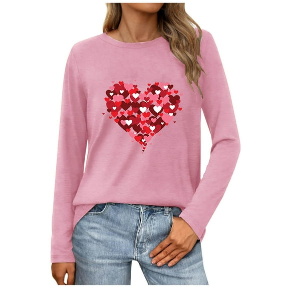 Aloohaidyvio Valentine's Day Crew Neck Pullover Shirts Women Long Sleeve Love Heart T Shirt Graphic Lover Gift Mother’s Day