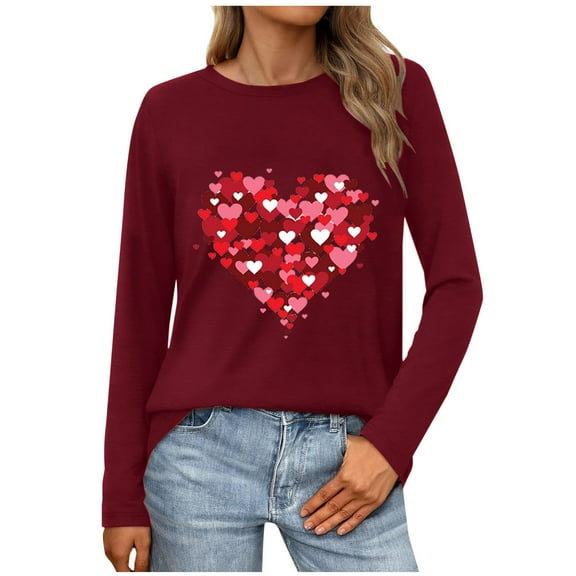 Aloohaidyvio Valentine's Day Crew Neck Pullover Shirts Women Long Sleeve Love Heart T Shirt Graphic Lover Gift Mother’s Day