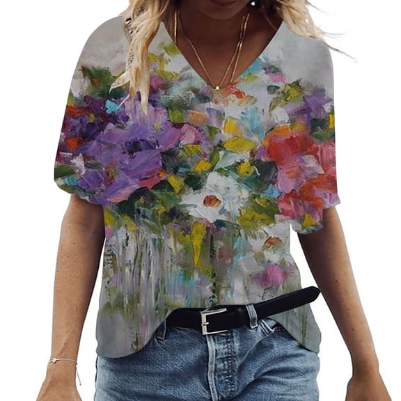 Aloohaidyvio Vintage T-Shirts for Women Broadway,Womens Fashion Casual Plus Size Scenic Flowers Printing V-Neck T-Shirt Tops