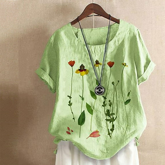 Aloohaidyvio Vintage T-Shirts for Women,Womens Tops Plus Size Short Sleeve Print Buttons Cotton Linen Vintage