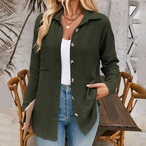 Aloohaidyvio Waffle Button Down Shirt Women Casual Knit Tops Long Sleeve Loose Fit Shacket with Pocket