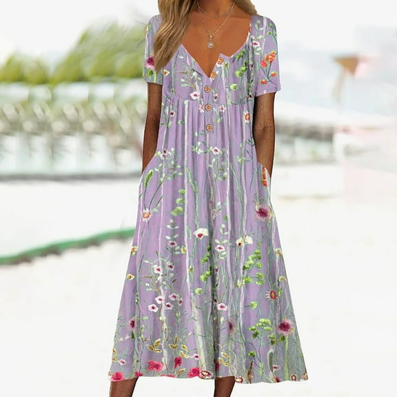 Aloohaidyvio Wedding Guest Dresses for Women,Womens Fashion Casual Summer Short Sleeve Off The Shoulder Print V-Neck Dress, Womens Dresses