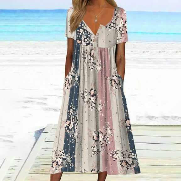 Aloohaidyvio Wedding Guest Dresses for Women,Womens Fashion Casual Summer Short Sleeve Off The Shoulder Print V-Neck Dress, Womens Dresses