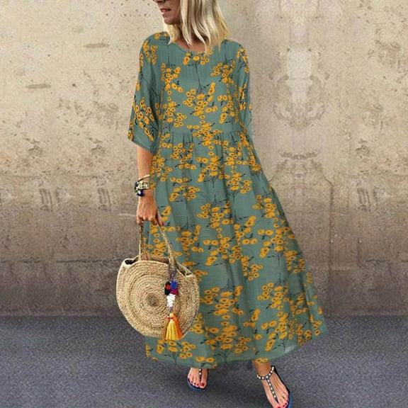 Aloohaidyvio Wedding Guest Dresses for Women,Women Plus Size CasualPrinted Round-Neck Loose Knee-Length Dres