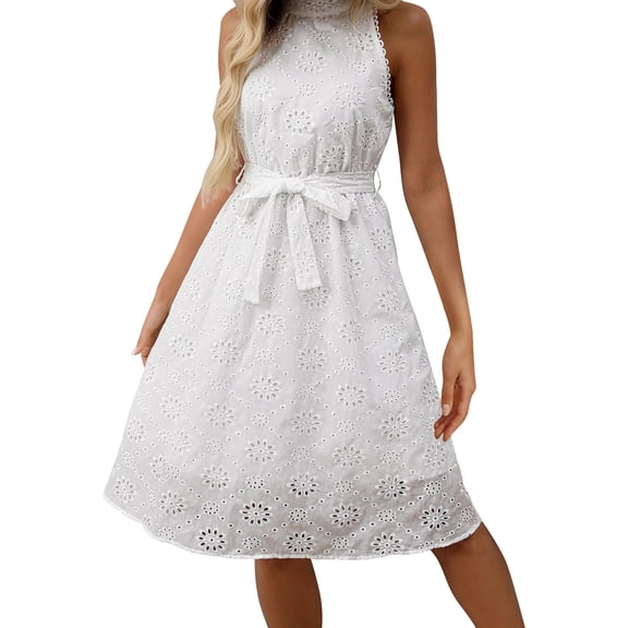 Aloohaidyvio White Dresses for Women Elegant,Women's Halter Sleeveless Ruffle Flowy Pleated Beach Babydoll Midi Dress