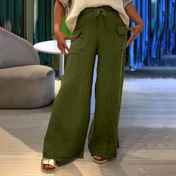 Aloohaidyvio Wide Leg Casual Pants for Women Lightweight Drawstring Cotton Linen Cargo Trousers with Pockets