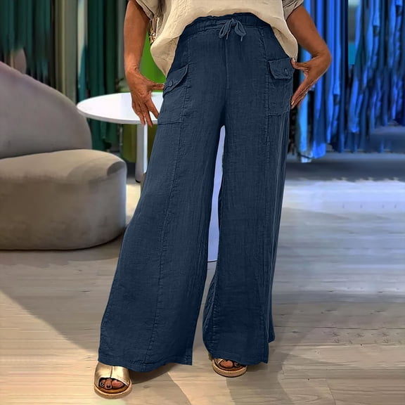 Aloohaidyvio Wide Leg Casual Pants for Women Lightweight Drawstring Cotton Linen Cargo Trousers with Pockets
