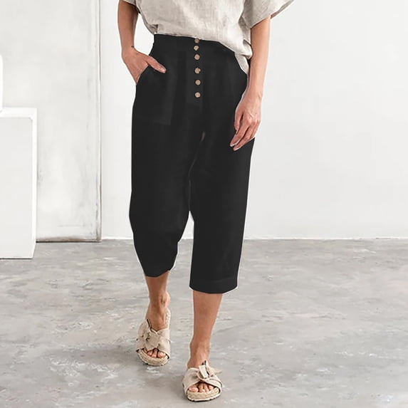 Aloohaidyvio Wide Leg Pants Woman Plus Size,Womens Fashion Solid Color Comfortable Casual Pocket Cotton And Linen Capris