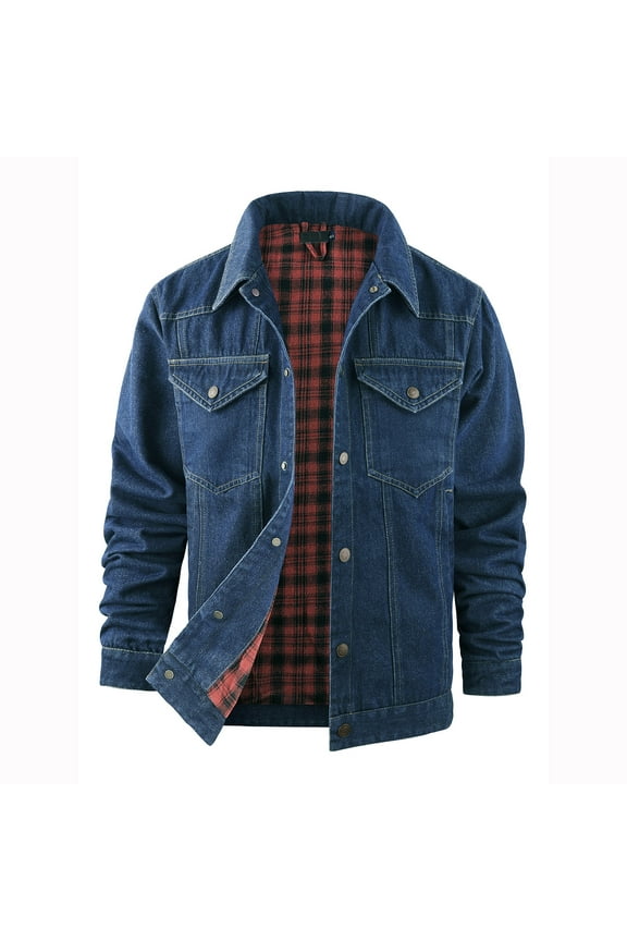 Winter Jackets for Men Big and Tall,Men's Denim Shirt Jacket Plaid Flannel Lined Shacket Casual Lightweight Trucker Cargo Coat