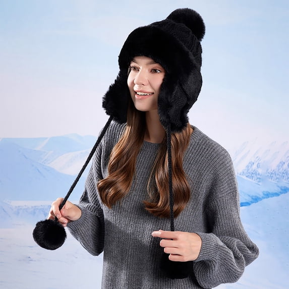 Aloohaidyvio Winter Pompom Beanie Hats for Women Fluffy Knit Womens Beanie Faux Fur Crochet Skull Cap Warm Bucket Outdoor Ear Cover