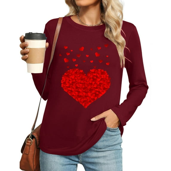 Aloohaidyvio Women Cute Heart Graphic Crewneck Long Sleeve Regular Fit Casual Valentines Day Tee T-Shirts Tshirt Tops