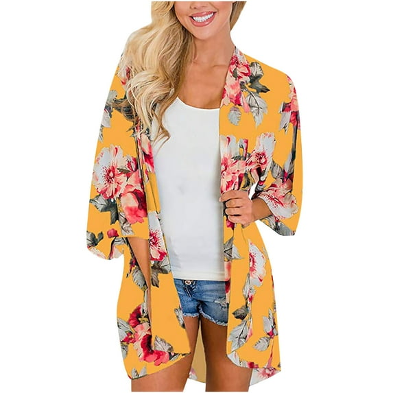 Aloohaidyvio Women Floral Kimono Cardigans 3/4 Ruffle Sleeve Lightweight Patchwork Flowy Boho Tie Loose Cover Ups