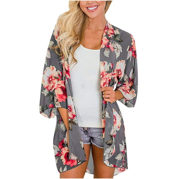 Aloohaidyvio Women Floral Kimono Cardigans 3/4 Ruffle Sleeve Lightweight Patchwork Flowy Boho Tie Loose Cover Ups