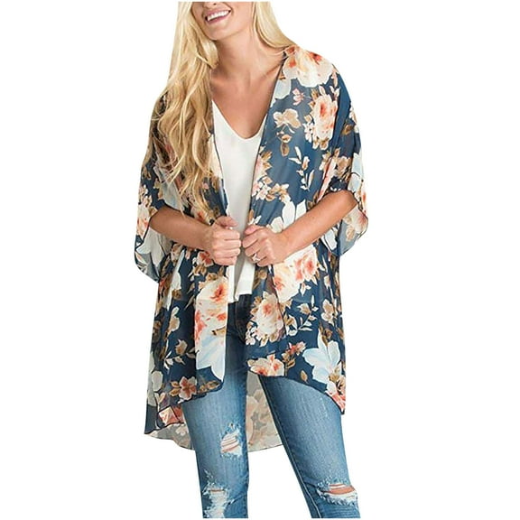 Aloohaidyvio Women Floral Kimono Cardigans 3/4 Ruffle Sleeve Lightweight Patchwork Flowy Boho Tie Loose Cover Ups