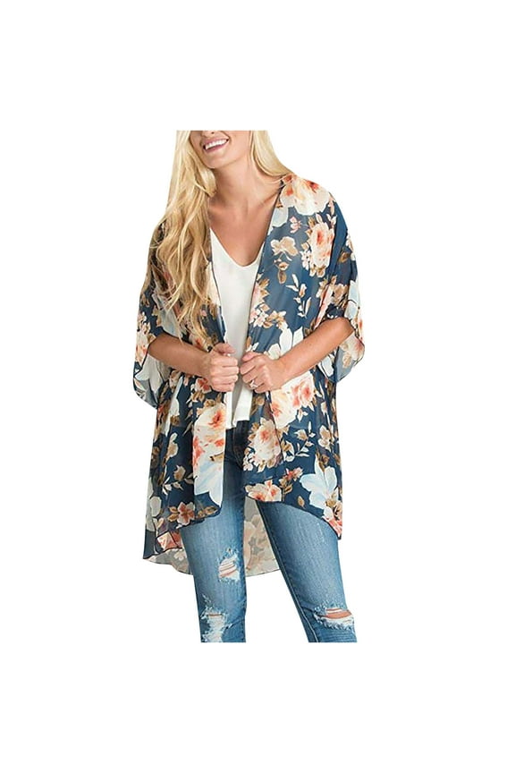 Women Floral Kimono Cardigans 3/4 Ruffle Sleeve Lightweight Patchwork Flowy Boho Tie Loose Cover Ups