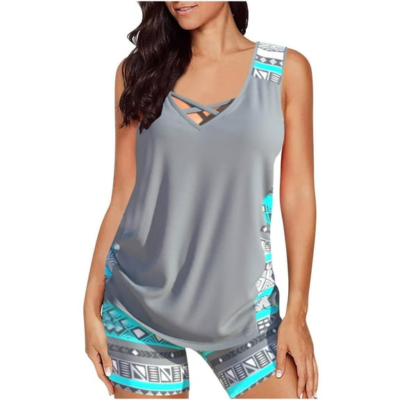 Aloohaidyvio Women Plus Size Tankini Swimsuit Two Piece Flowy Swimdress Bathing Suits with Shorts Gray M