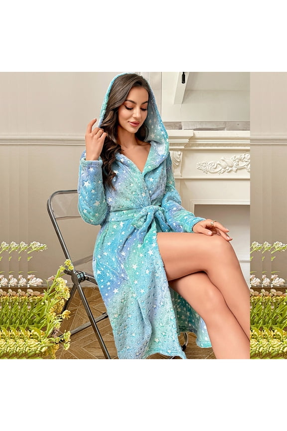Women Robe with Hood, Fleece Lightweight Soft Long Hooded Robe, Plush Fuzzy Cozy Warm Bathrobe Shower Spa
