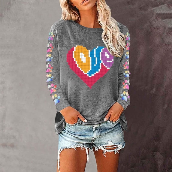 Aloohaidyvio Women Valentines Day Shirts Round Neck Long Sleeve Casual Heart T Shirt Rainbow Heart Love Sweatshirt