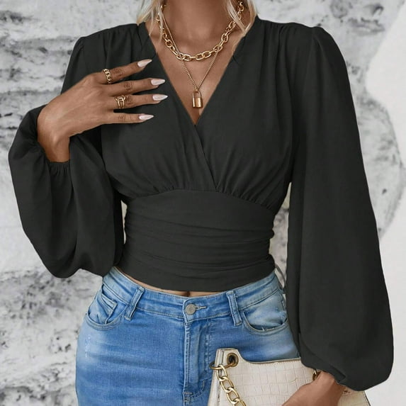 Aloohaidyvio Women's 2024 Solid Color Long Sleeve Shirts V Neck Knitted Casual Blouses Loose Pullover Tops,Fall Winter Clothes Black M