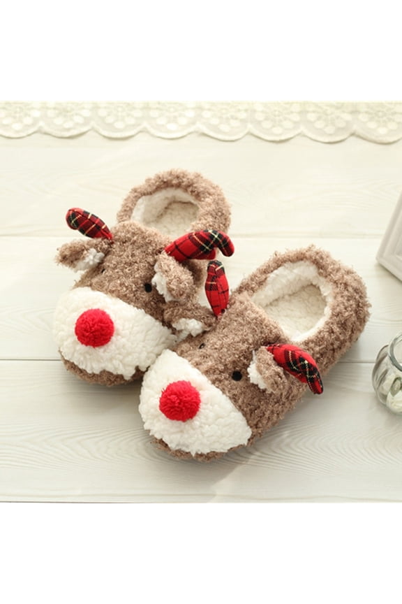 Women's Christmas Fuzzy Reindeer House Slippers Stuffed Animal Bedroom Slippers Cozy Christmas Indoor Shoes