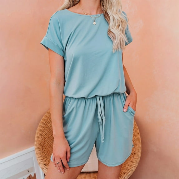 Aloohaidyvio Women's Color Short Sleeved Round Neck Waist Fitting Jumpsuit With Drawstring And Waist Trimming Jumpsuit Sky Blue XL