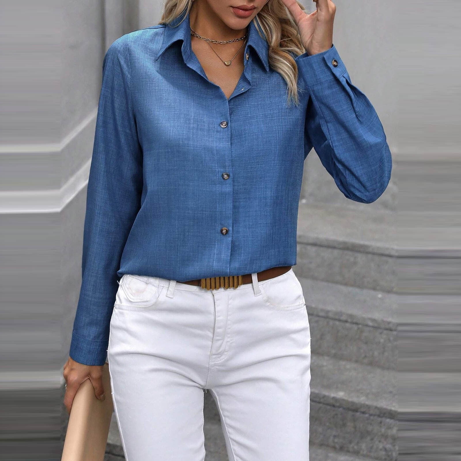 Aloohaidyvio Women's Cotton Linen Dress Shirts Wrinkle Free Long Sleeve ...