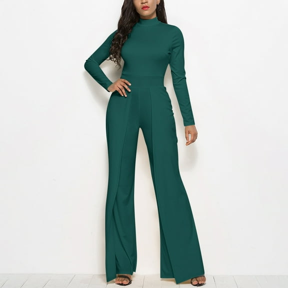 Aloohaidyvio Women's Elegant Jumpsuits Dressy Long Sleeve Straight Long Pants Rompers with Pockets Green 2XL